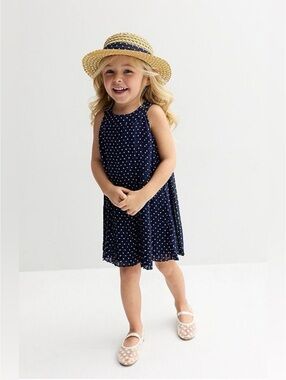 Blueberi Boulevard Girls Navy Polka Dot Dress & Matching Sun Hat Set